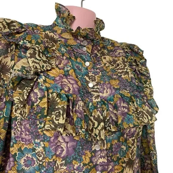 Vintage 70s Dress Women's Medium Jr Petite Floral Cottage Core Prairie Ruffles - Picture 3 of 7